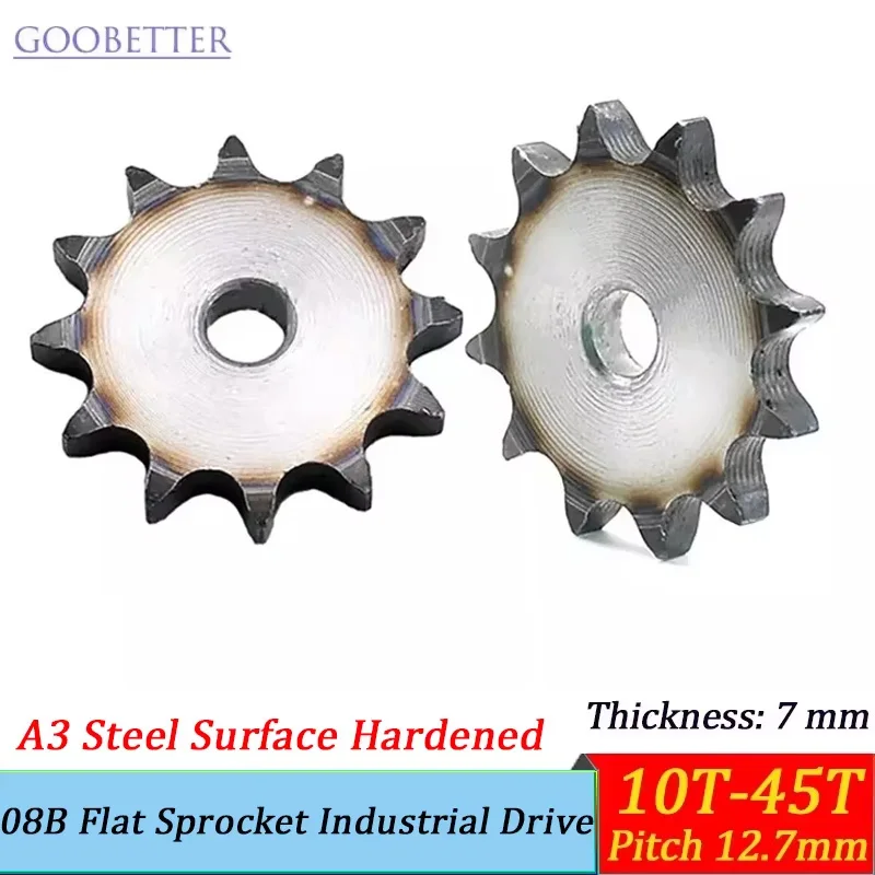 08B 10T-45T Pitch 12.7mm A3 Steel 7mm Thick Flat Sprocket Industrial Drive Chainwheel Surface Hardened
