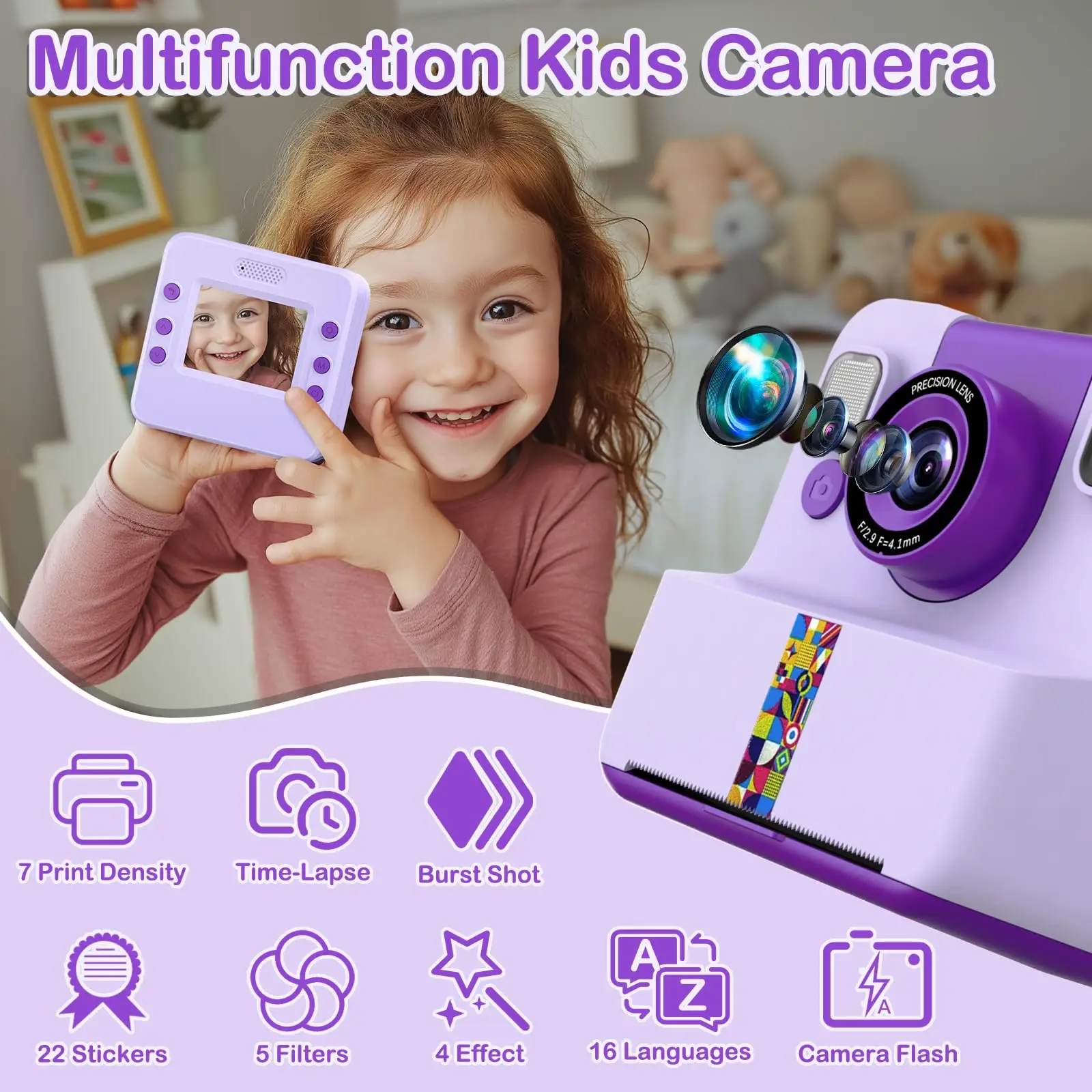 Kids' Camera with Dual Front and Rear Cameras 48MP 1080p HD Dual front and rear cameras, five educational games Christmas, Hallo