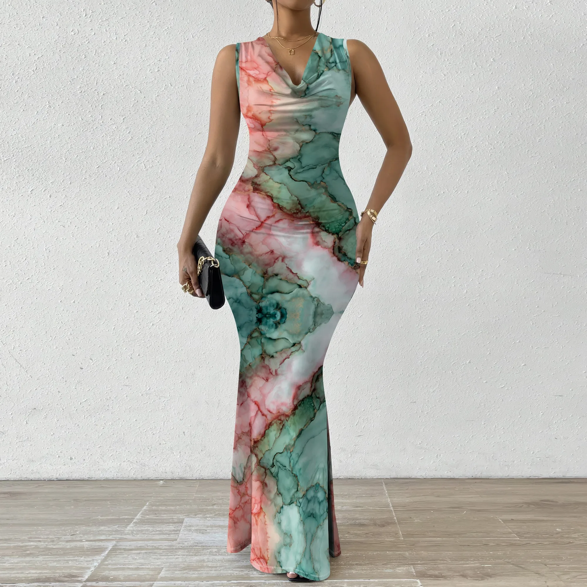 

Women's Pastel Marble Print Bodycon Maxi Dress Sleeveless Cowl Neck Mermaid Party XS-2XL