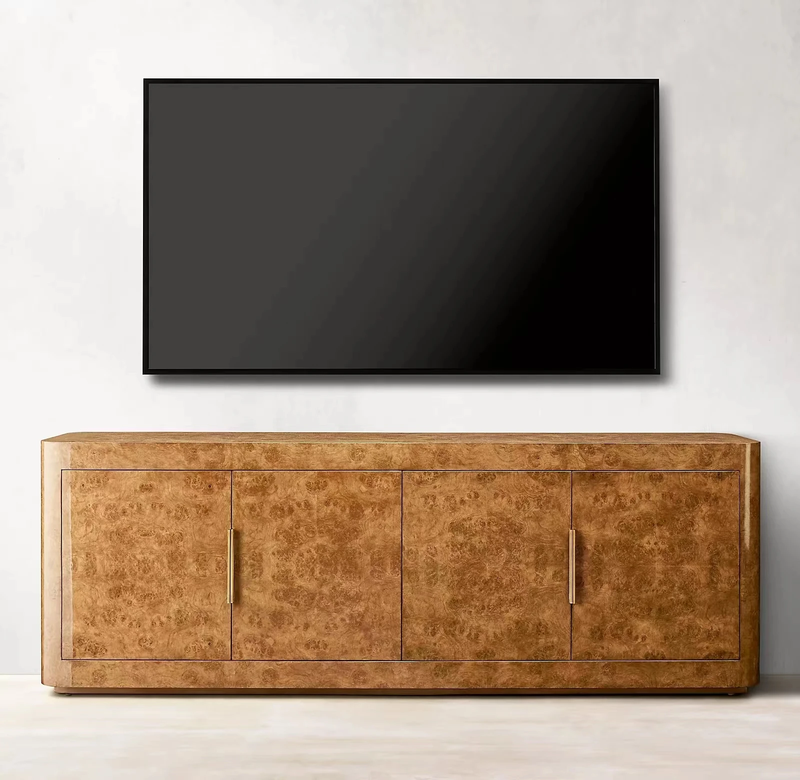 

！@Modern Burr Woood Living Room Furniture 4 Glass Door Wooden Tv Stand Table Tv Cabinet