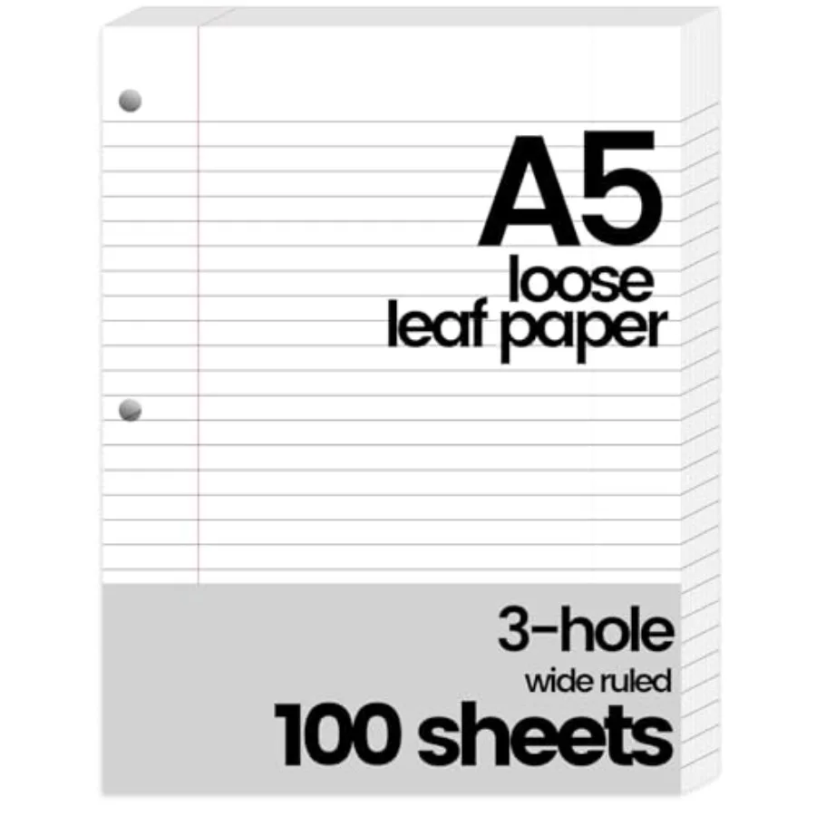 

White Filler Paper, 3 Hole Punched, 100 Sheets Loose Leaf Wide Ruled Lined Notebook Paper, 8" x 10-1/2" Filler for Notebooks, S