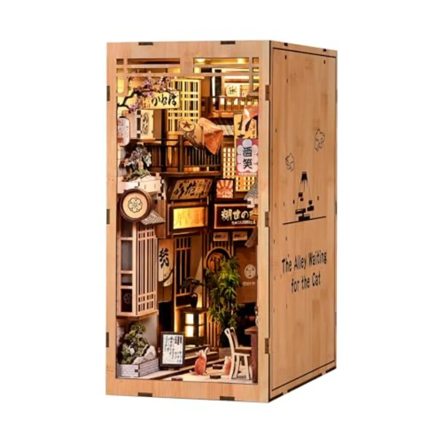 

Book Nook Kit 3D Puzzle Miniature House for Adults Teens Wooden Bookshelf Decor in Brown with Cat Theme Detailed DIY Craft Gift
