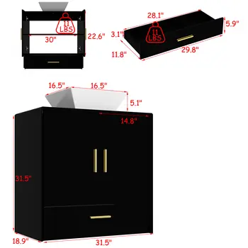 30인치 흑백 벽걸이형 욕실 세면대 수납장 (서랍 2개 및 은색 보트 모양 유리 세면대 포함) 8 best sales 욕실 세면대 수납장 - №7