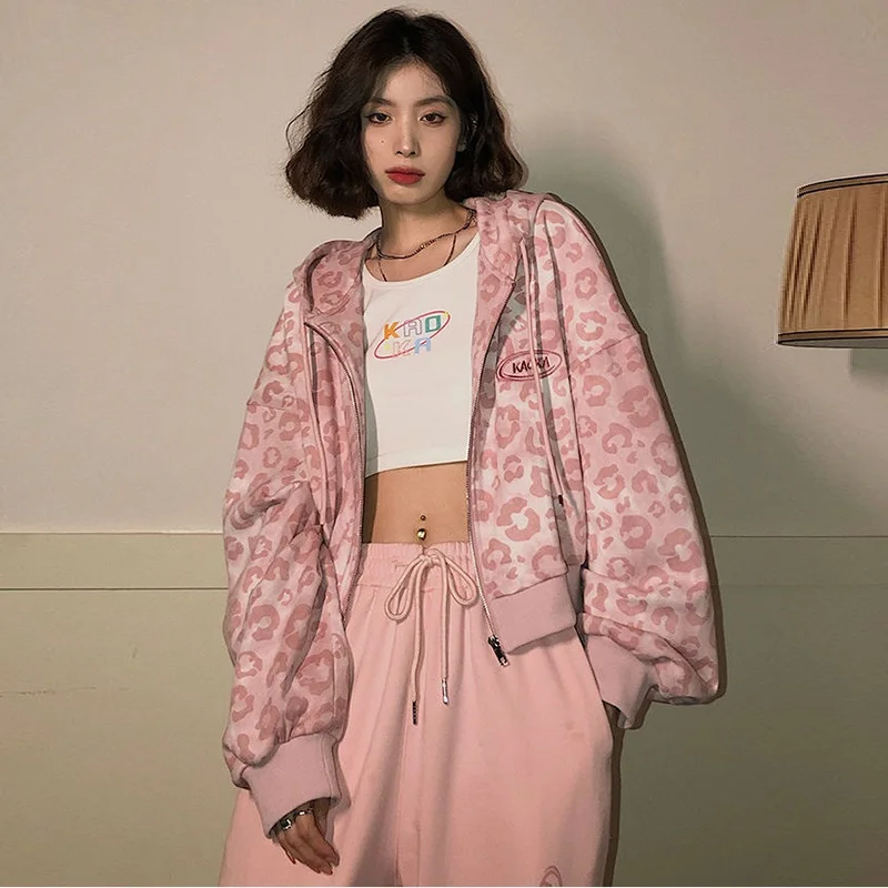 Preppy Style Pink Sweatshirts Leopard Print Y2K Harajuku Oversized Hoodies Women Vintage Casual Zipper Cropped Jacket Tops Cute
