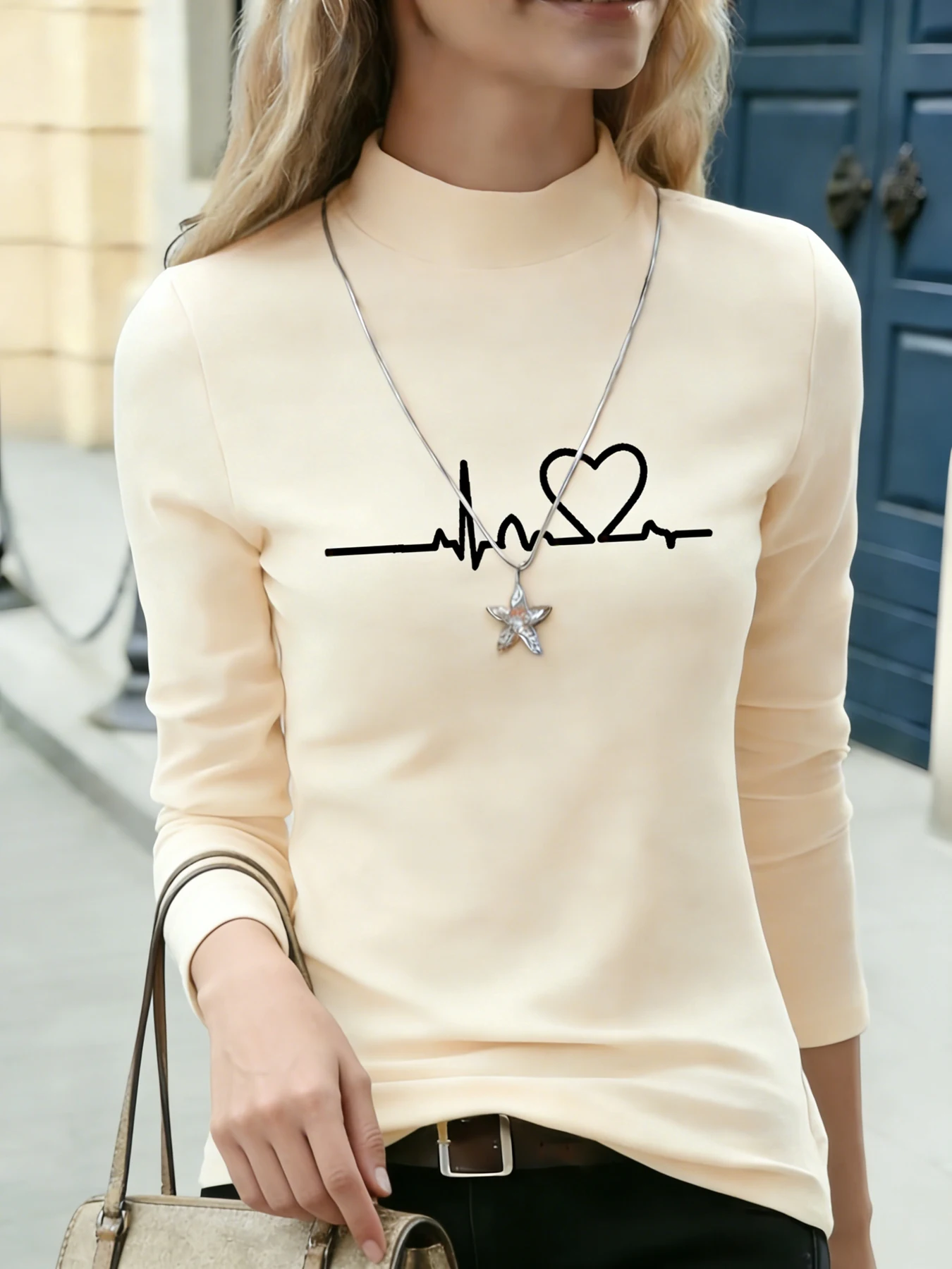 

Ladies Mock Neck Long Sleeve Tee White EKG Heart Print Casual Blouse Basic Daily T-Shirt Soft Warm Top For Spring Autumn Clothes