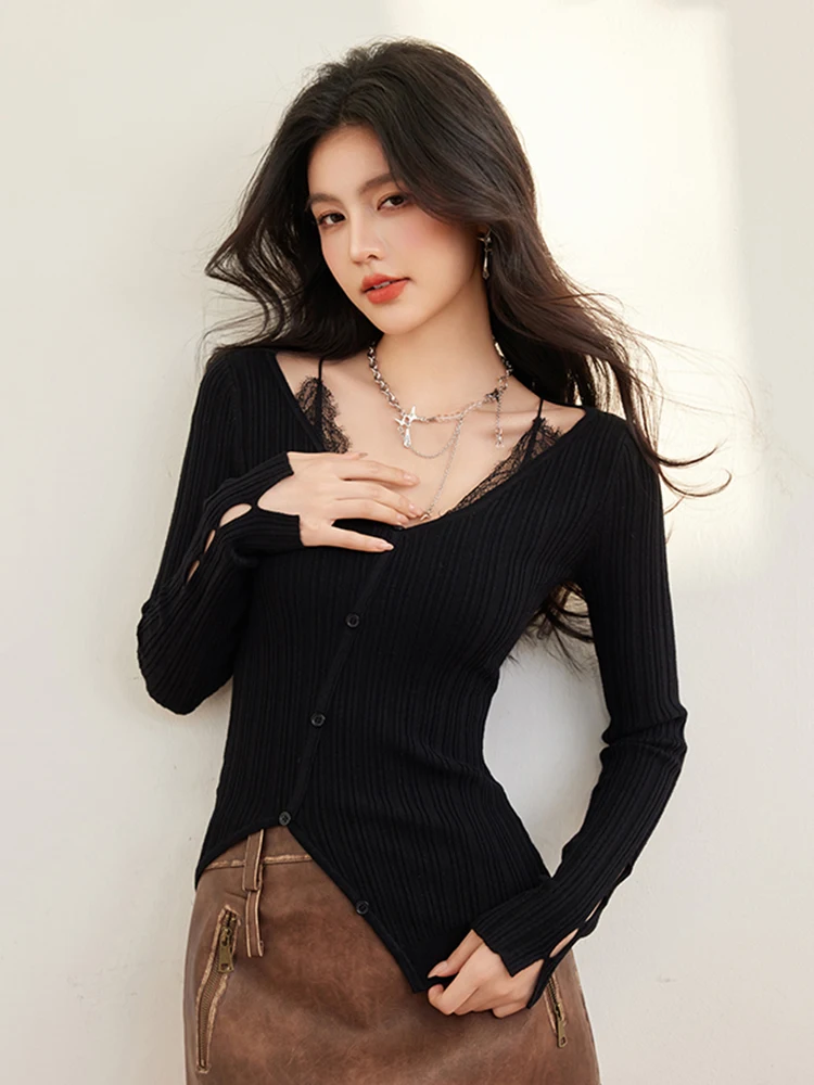 Nieregularny design Sense Dzianinowe topy Kobiety 2025 Wiosna Nowy Koronkowy patchwork Sweter z dzianiny Seksowna gorąca dziewczyna Top z długim rękawem