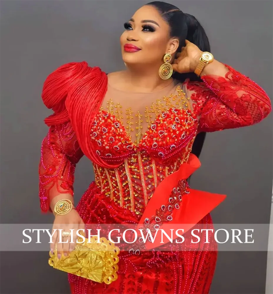 Vermelho mangas compridas sereia vestidos de noite preto meninas cristais frisado aso ebi africano recepção casamento vestidos festa personalizado