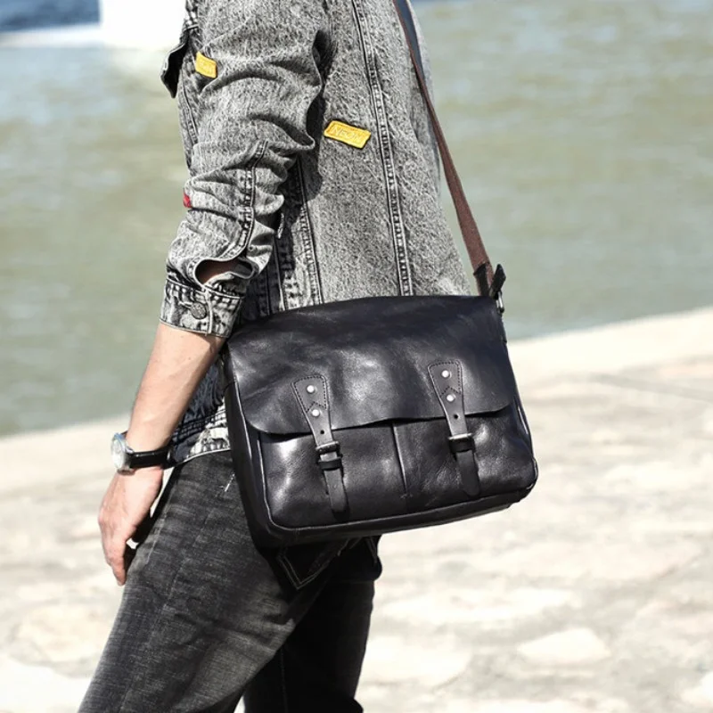 

Casual luxury natural genuine leather men's messenger bag daily work real cowhide black tablets A4 document shoulder bag