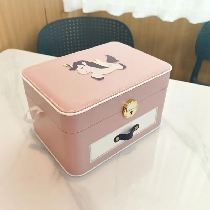 double-layer-drawer-style-jewelry-box-with-lock-unicorn-dustproof-storage-organizer-leather-desktop-home-use-accessories