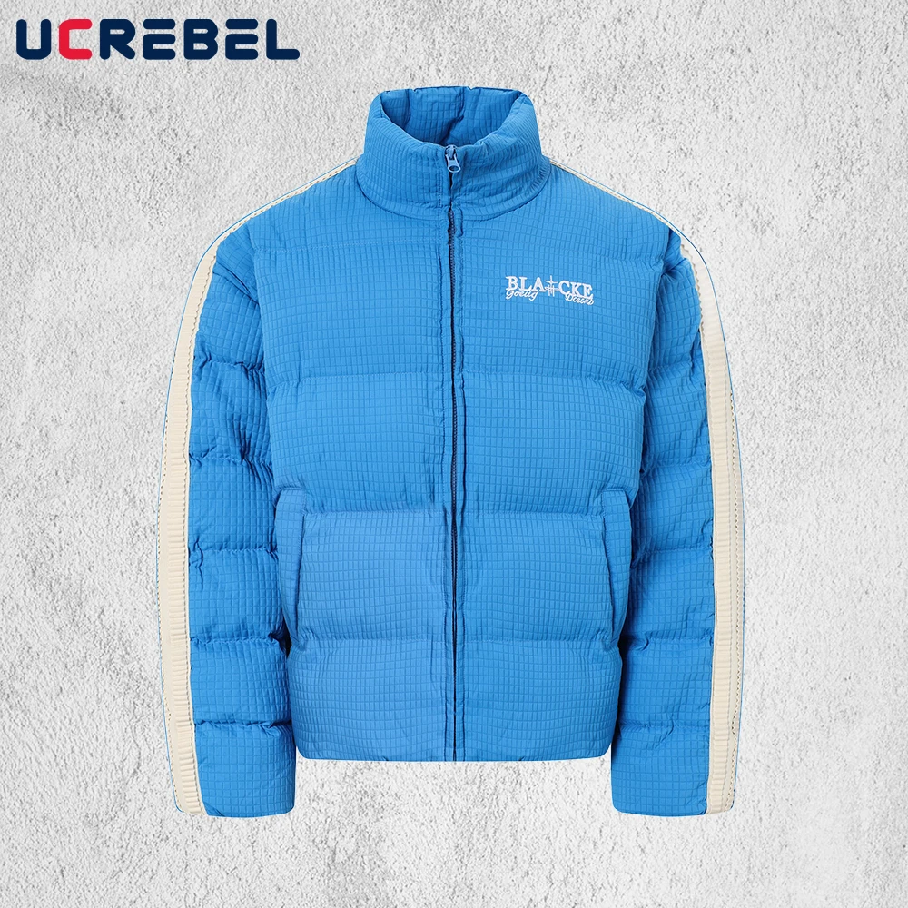 

Contrast Paneled Padded Jacket Mens Embroidery Winter Thick High Street Stand Collar Drawstring Hem Long Sleeve Bread Jacket Man