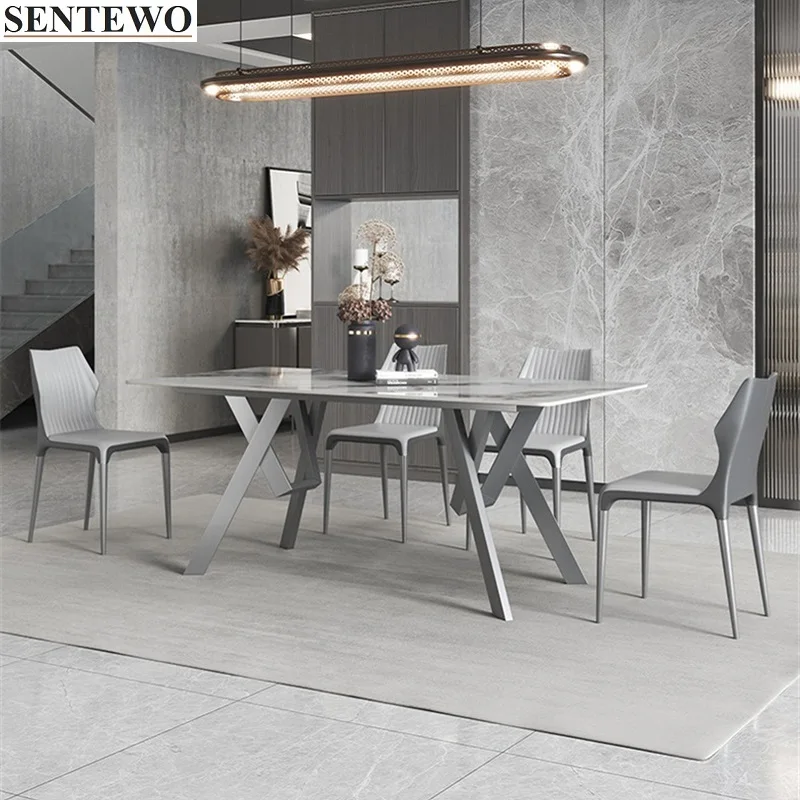 Luxury Rock Slab Dining Table Dinner Chairs Set Stainless Steel Titanium Grey Base Faux Marble Tables Chair Set мебель для дома