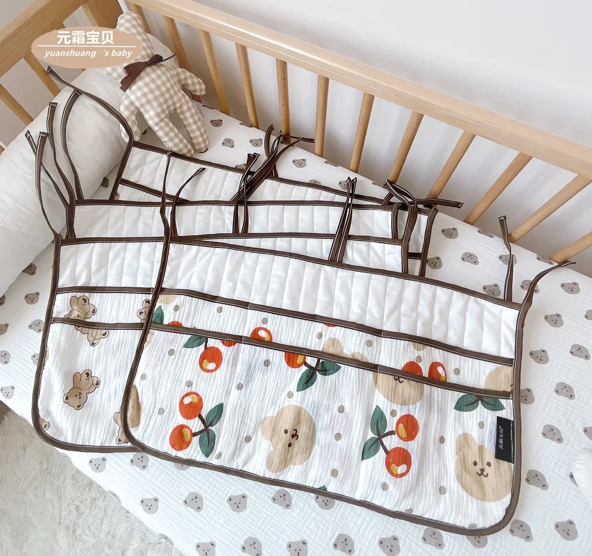 Baby Bed Storage Bag Double-pocket Bed Bedside Diaper Organizer Soft Cotton Cartoon Printed Newborn Crib Hanging Bag Store Bags