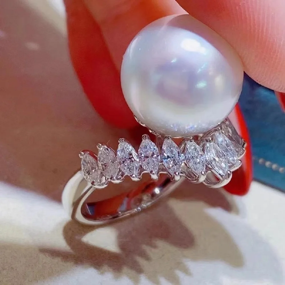 

Fashionable and gorgeous pearl opening ring, inlaid with micro zirconia AAAA10-11mm 11-12mm natural Japanese white pearls 925s