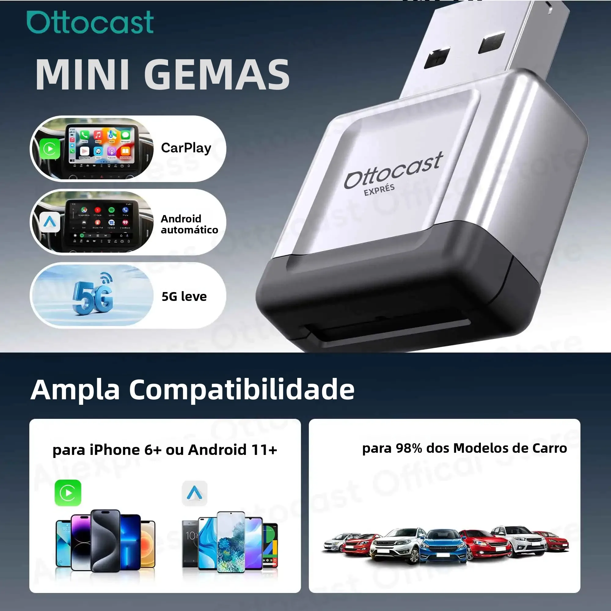 Adaptador Ottocast Express Mini Gem Cube 3.0 de CarPlay com Fio para Sem Fio e Android Auto, Dongle USB, Acessórios para Carro para iPhone e Android