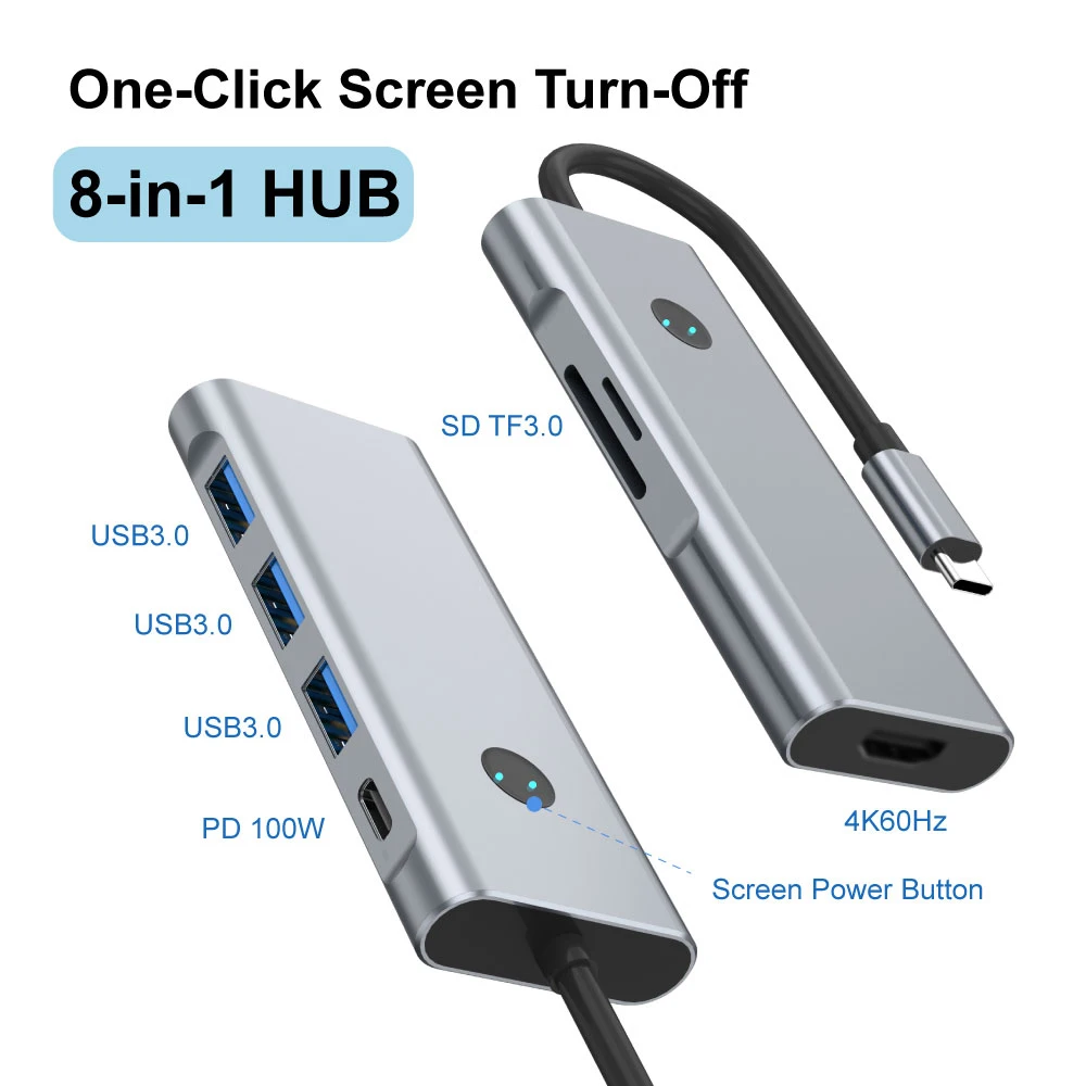 8-in-1 USB C Hub 4K60Hz HDTV Screen On Off Switch 3 USB 3.0 5Gbps SD TF Reader PD 100W Aluminum for Laptop Home Office Portable