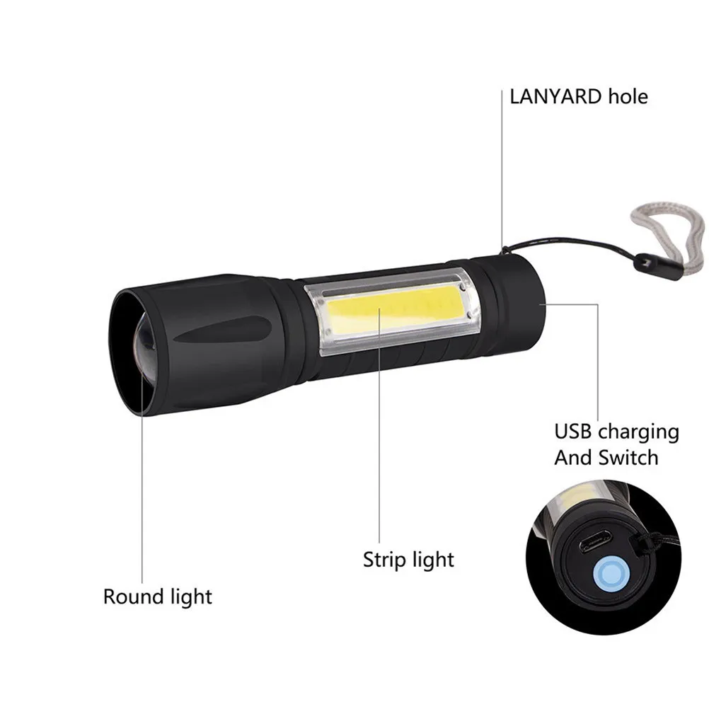 1Pcs Mini Cob Rechargeable Flashlight Emergency Lights Handheld USB Charged White Light 3 Modes for Camping Hiking Fishing