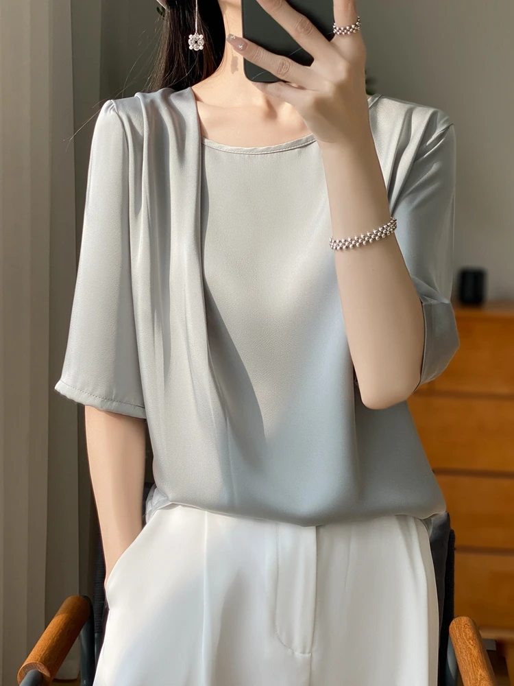 Women's O-Neck Half Sleeve Top, Folded Decorative T-Shirt, Short Sleeves, High End Elegance Tees, Thin Fashion, New Style,Summer