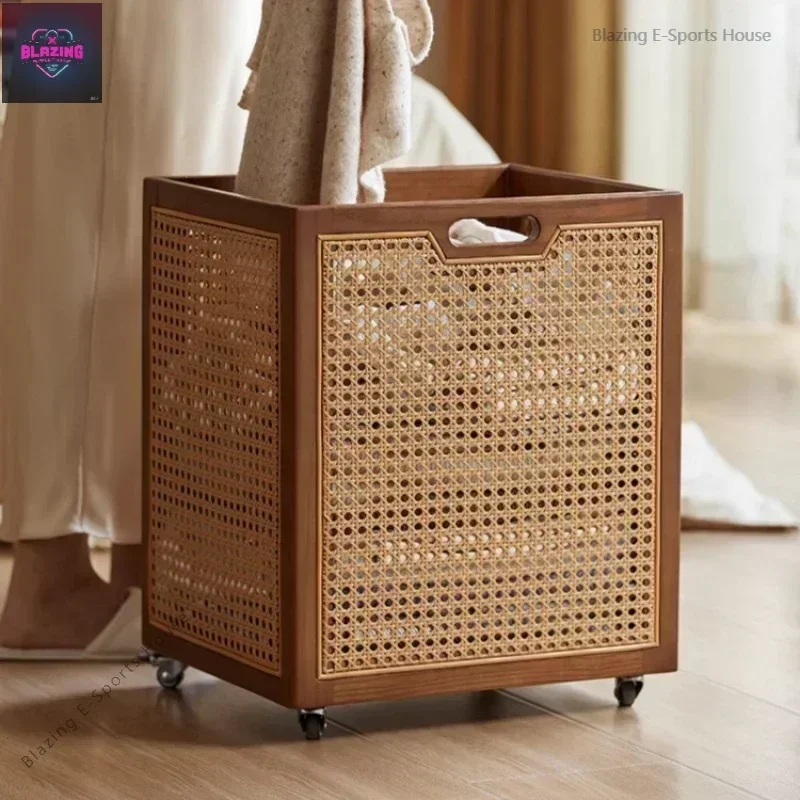 Walnut Color Dirty Clothes Basket Vine Weaving Design Laundry Hamper Toys Storage Bucket Good-looking Laundry Basket with Pulley