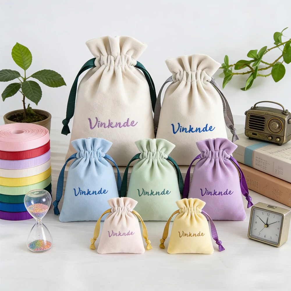 

100Pcs Beige Velvet Gift Bag Ribbon Drawstring Bags Beads Bracelet Jewelry Pouch Custom Logo Earrings Rings Packaging Dust Sack