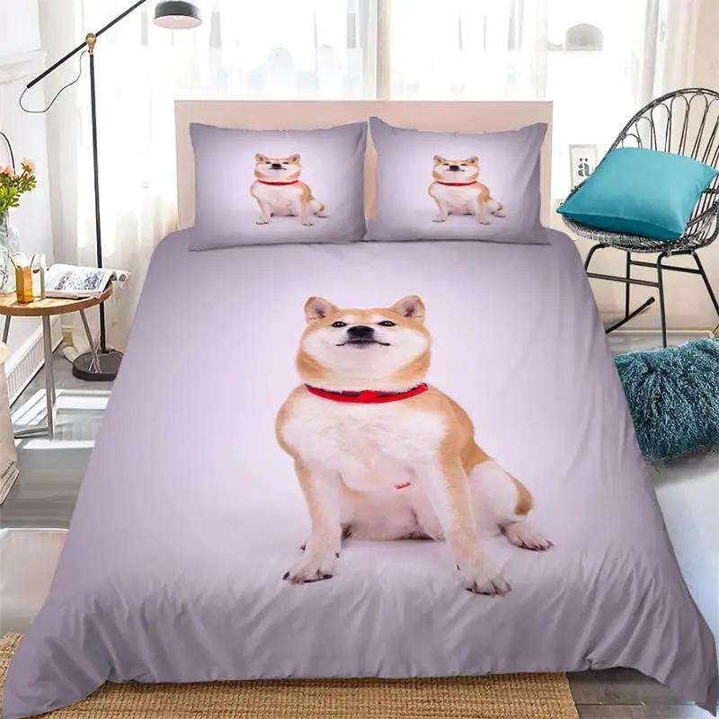 Yellow Shiba Inu King Queen Bedding Set Lovely Puppy Duvet Cover Family Pet Animal Quilt Cover 2/3pcs Polyester Comforter Cover