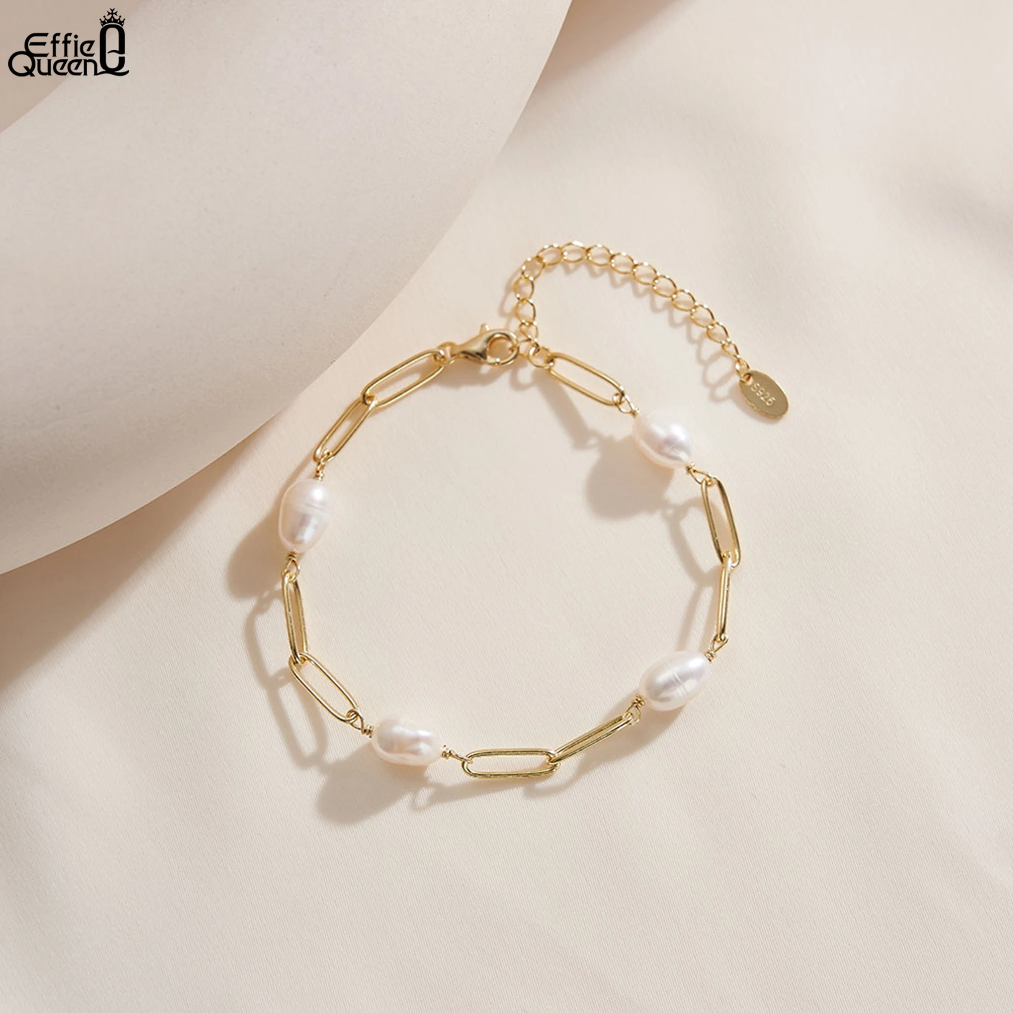 

EFFIE QUEEN Fashion Freshwater Pearls Bracelet 925 Sterling Silver Paperclip Chain with Pearls Elegant Women Party Jewelry GPB39