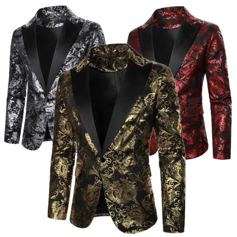 New men's retro gorgeous black gold cashew flower suit top, men's bar singer host stage performance uniform 'European size'