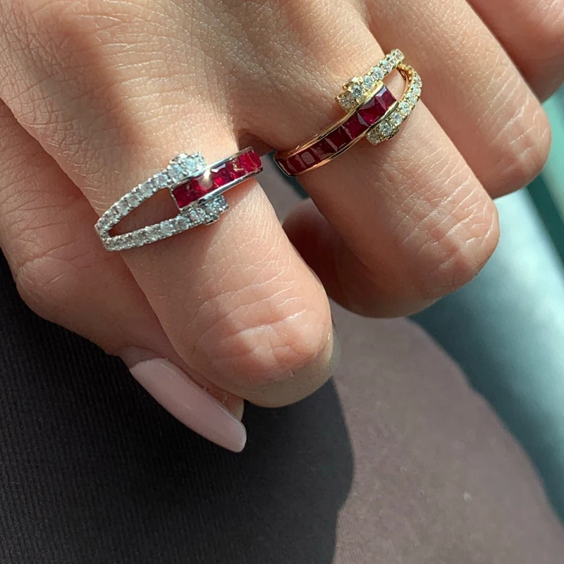 Aazuo High Quality 18K Solid Yellow Gold Natrual Ruby Real Diamonds Rings Gifted For Woman Wedding Day Deluxe Banquet Party