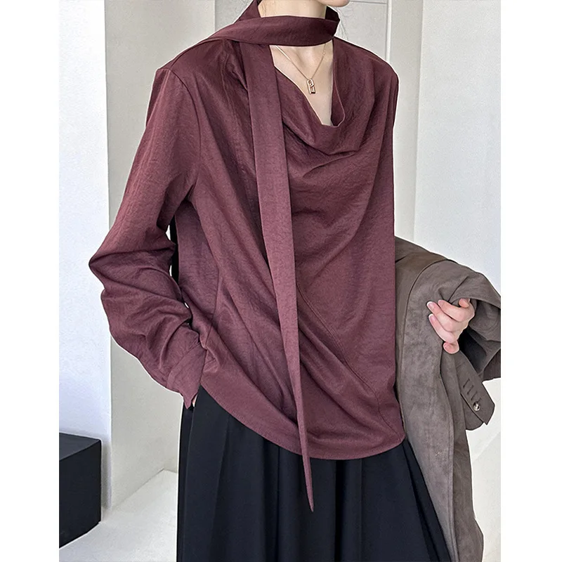 Spring Scarf Collar Halter Ribbon Blouse Women Long Sleeve Loose Straight Fashion Korean Tops