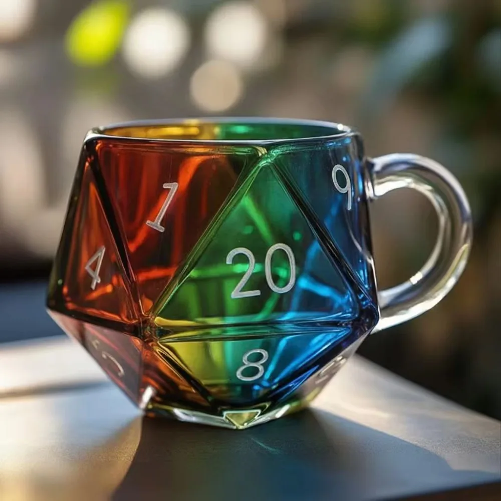 Transparenter Glas-Regenbogen-D20-Würfelbecher mit Griff, polyedrische Würfel mit Fantasy-Thema, Kaffeetasse, Spieltasse für RPG-Liebhaber