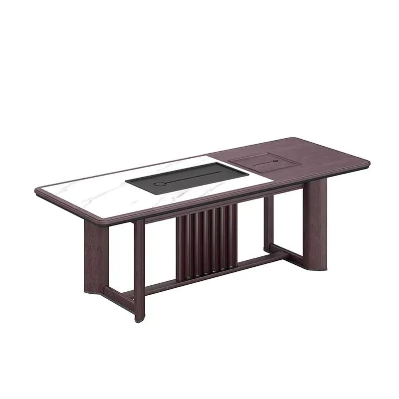 Luxury Solid Wood Office Reception Coffee Table with Sintered Stone Top and Integrated Tea Tray for Administrative Area