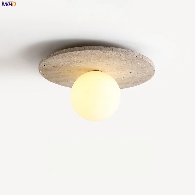 

IWHD Japan Vintage LED Ceiling Lights Living Room Decoration For Home Bedroom Yellow Travertine Glass Ceiling Lamp Plafonnier