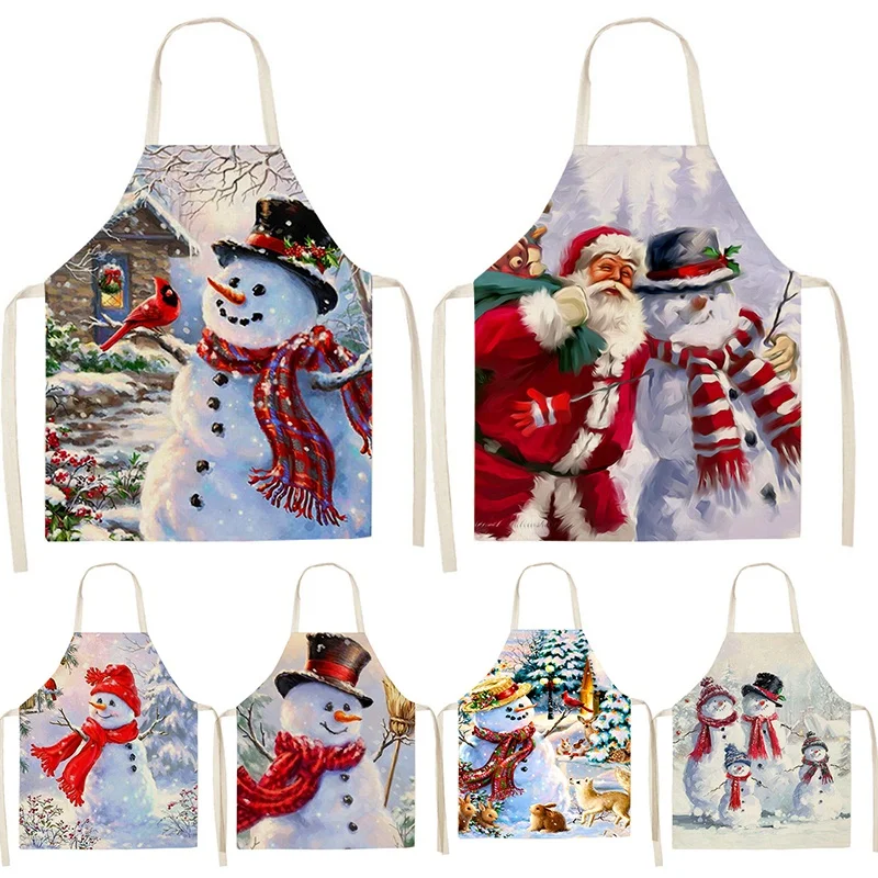 Christmas Decoration Santa Red Sleeveless Apron Linen Kitchen  Women's Home Cooking Baking Waist Bib  Delantal