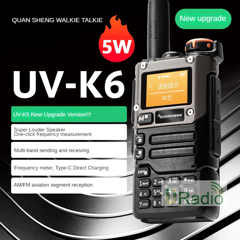 Quansheng UV-K6 Walkie Talkie UV-K58 UV-K5(8) 5W Two Way Radio 50-600MHz Type C Charge Multi-band AM FM NOAA DTMF UV-K5 Upgrade