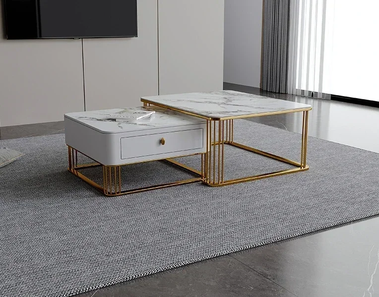 Household Living Room, Light Luxury, Bright Rock Plate, Coffee Table, TV Cabinet, Stainless Steel and Titanium Combination