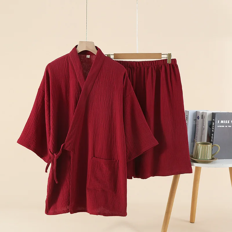 Japanese Kimono Style His & Hers Washed Crinkle Cotton Pajama Set, Short Sleeve & Shorts Relaxed Fit, Breathable Lightweight Spr
