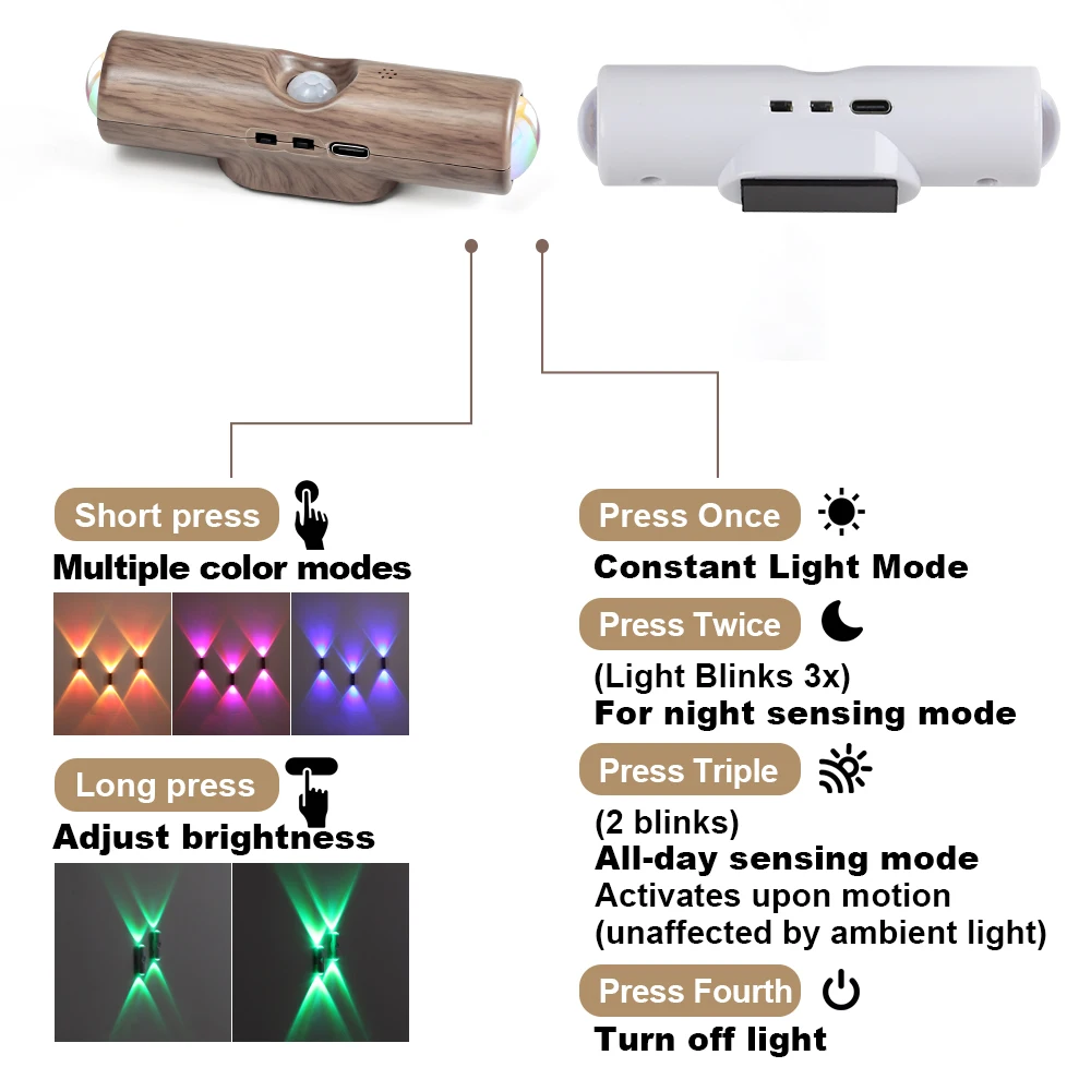 Dimmable Rechargeable Wood Grain Motion Sensor Light Wireless RGB LED Night Light Bedside Lamp Cabinet Wardrobe Night Lamp