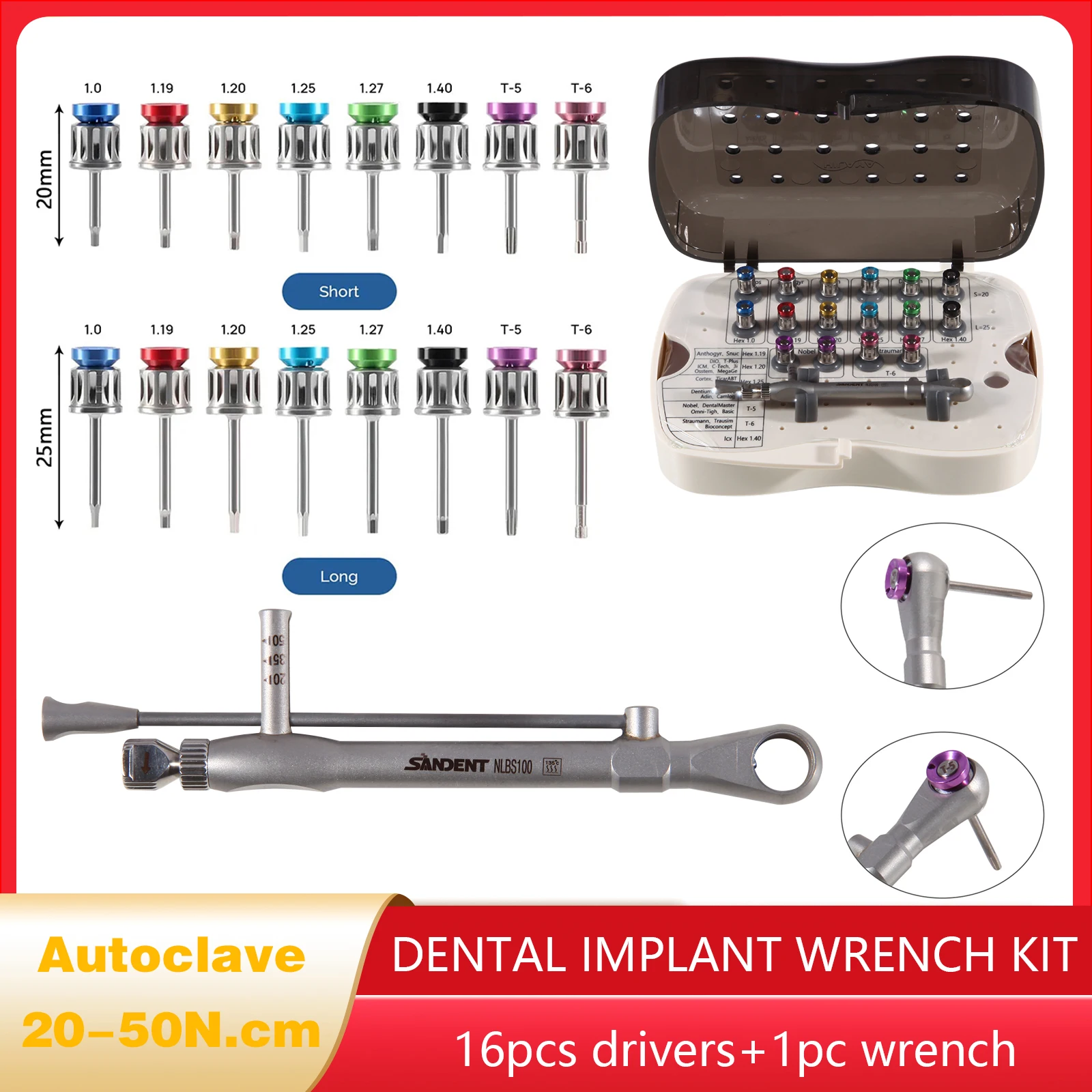 

Universal Implant Prosthetic Kit Torque Wrench Restoration Screw Hand Driver*16 Remover +Box Dental Implant Instrument Tool