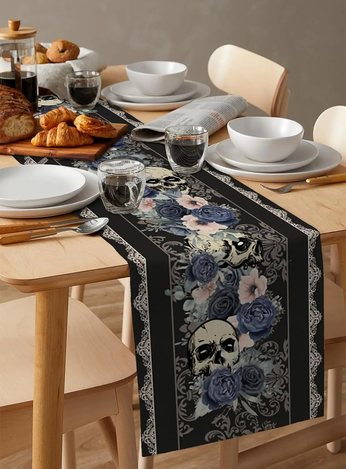 

Halloween Spooky Horror Skulls Linen Table Runner Holiday party decor Farmhouse Kitchen Dining Table Runner Halloween Decoration