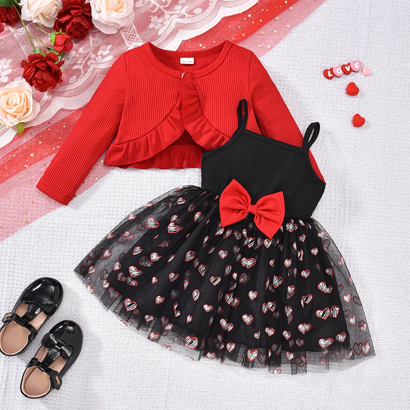 Toddler Girl Valentine's Day Outfit Solid Ruffled Long Sleeve Crop Tops with Heart Print Spaghetti Strap Tulle Dress