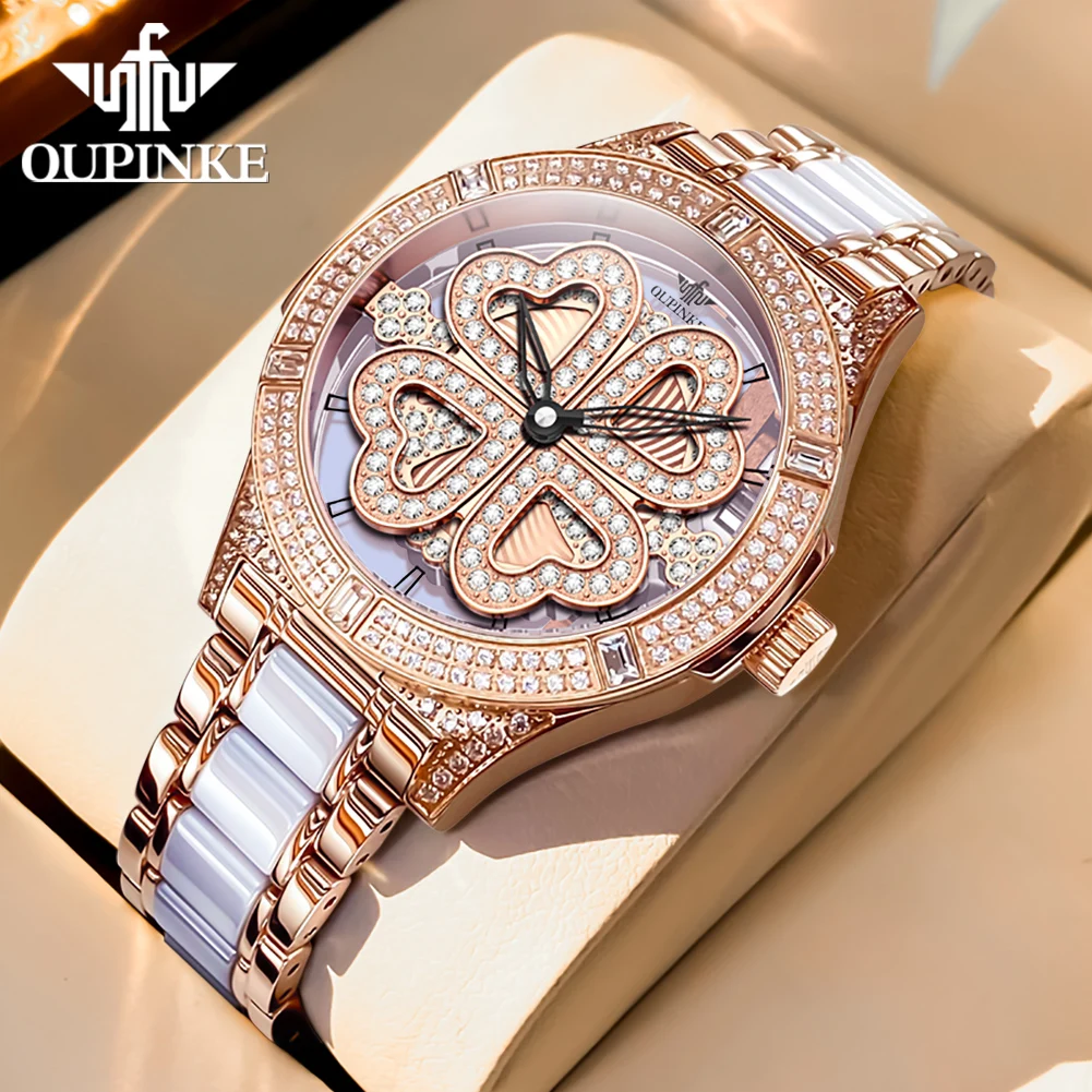 OUPINKE Woman Watch Diamond Dial Swiss Quartz Ladies Wristwatch Ceramic Steel 50M Waterproof Four Leaf Clover Clock Reloj