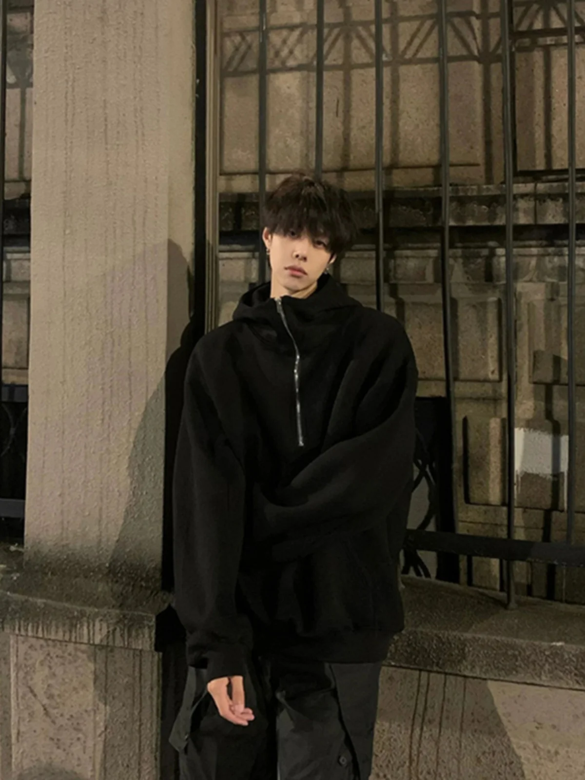 

Retro American Half Zipper Hoodie Trendy Men's Autumn Winter Heavyweight Hardwearing Hooded Jacket Loose Fit Casual Style