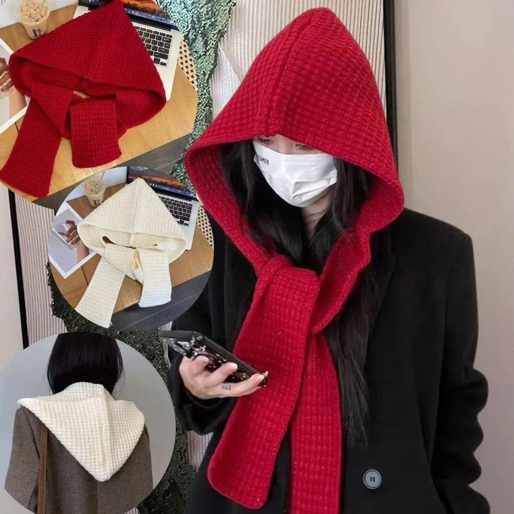 Women Knitted Balaclava Fashion Fake Collar Shawl Hooded Hat Thick Warm Outdoor Cold Mask One-piece Neck Protector Beanies Cap