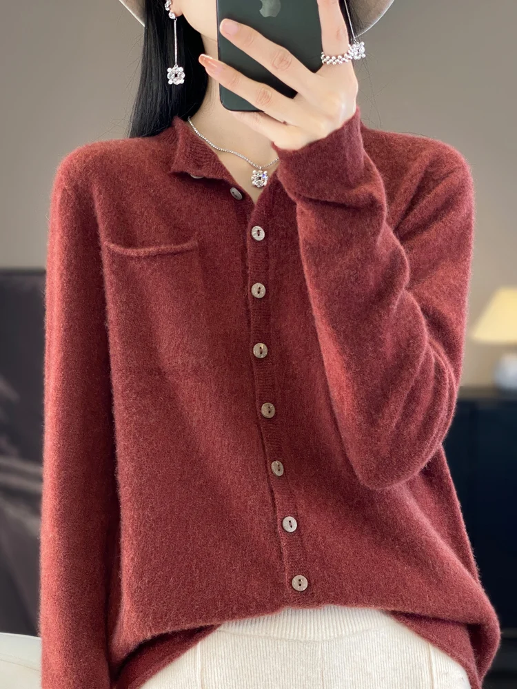 Fashion Spring Autumn Long Sleeve Women Cashmere Knitwear Cardigan 100% Merino Wool Sweater Mock Neck Basic Elegant Clothing Top