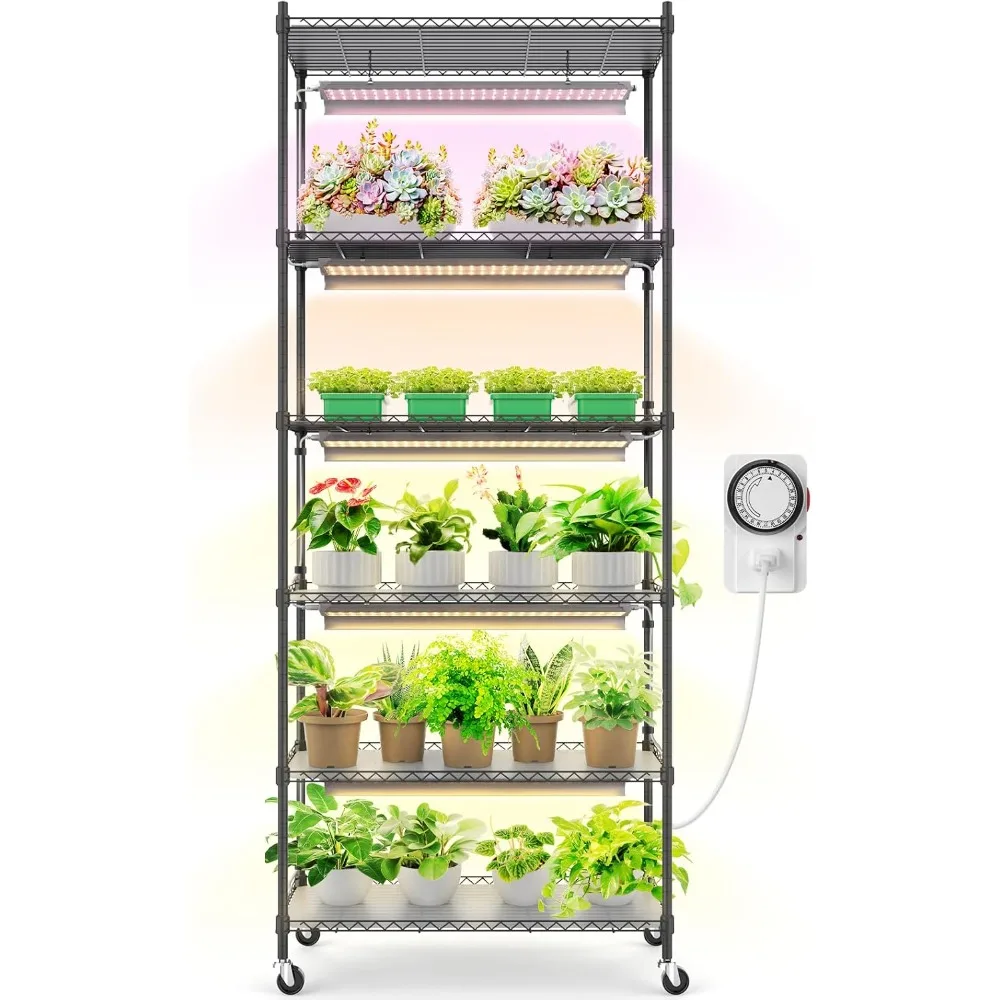 Plant Stand with Grow Lights Indoor Plants, 6-Tier Metal Plant Shelf Display Rack with 5Pcs 2FT 30W Full Spectrum Plant Lights