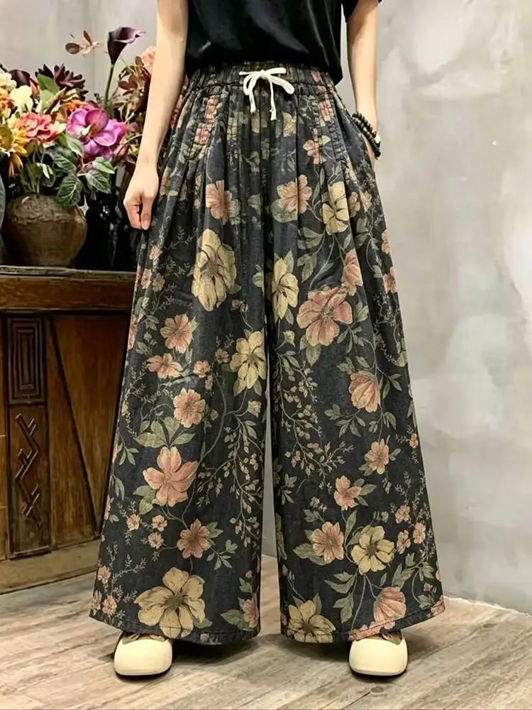 Amax luluE Summer Fashion Jeans Womens Printed Loose Denim Wide Leg Pants Ladies classic Leisure Luxury Vintage Floral Trousers