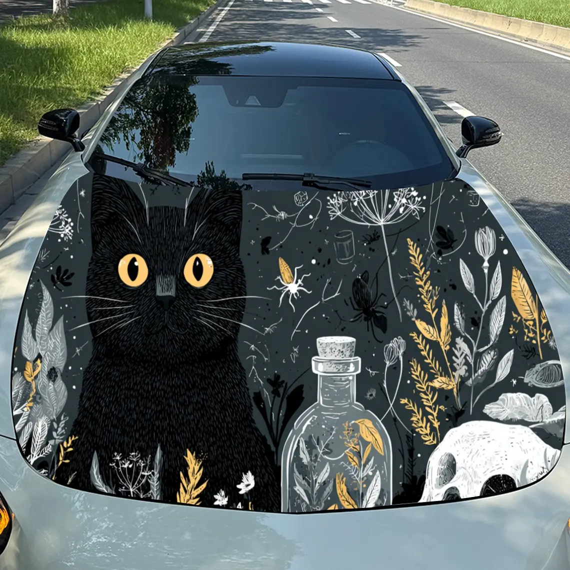 

Готические наклейки на капот автомобиля с черным котом и черепом — самоклеящаяся, водонепроницаемая и прочная виниловая пленка, украшение и защита вашего автомобиля, Fi