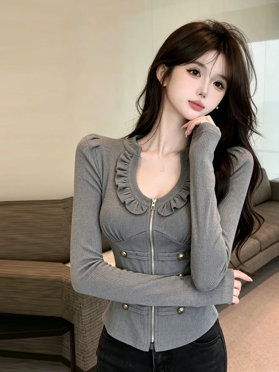Korean Style Long Sleeve U-Neck Zipper Design Slim Fit T-Shirt Vintage Spicy Girl Outerwear Versatile Slimming Top