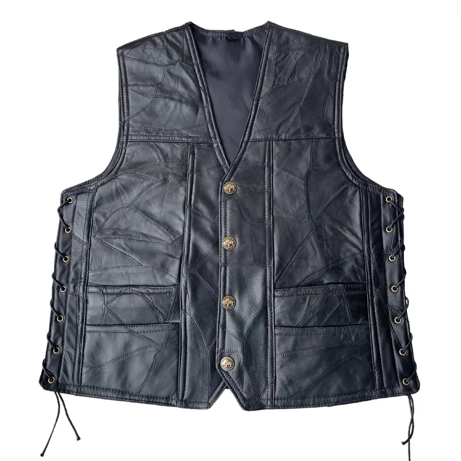 Motorbike Embroidered Men Leather Vest Punk Sleeveless Jacket Motorcycle Riding Biker Waistcoat Men's Clothing Black Streetwear