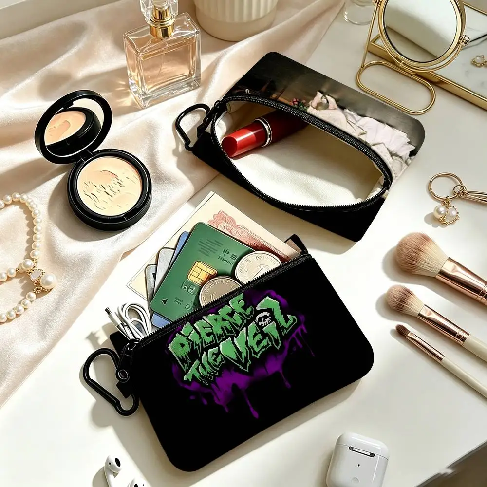 Pierce The Veil Music Band  Cloth Coin Purse With Carabiner Hook Portable Key Card Wallet Small Zipper Storage Pouch