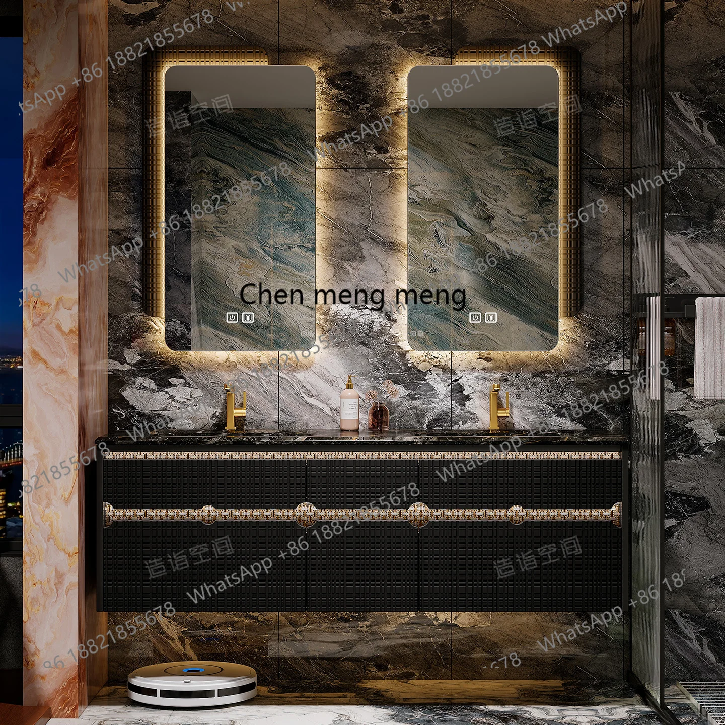 

Hotel wind bathroom cabinet combination marble printing luxury stone double basin toilet washstand